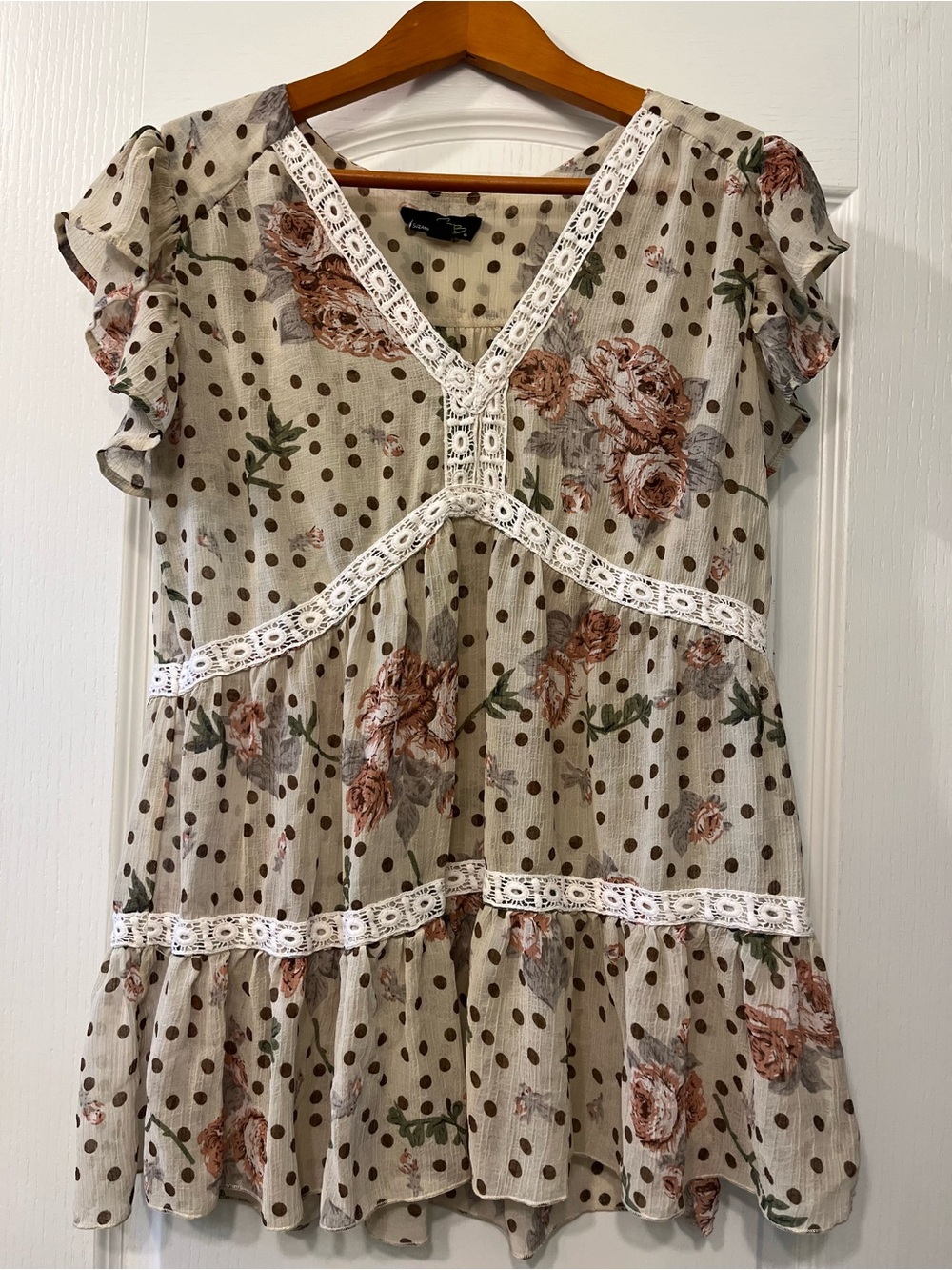 Floral Polka Dot Lace Trim Blouse - Cream & Brown